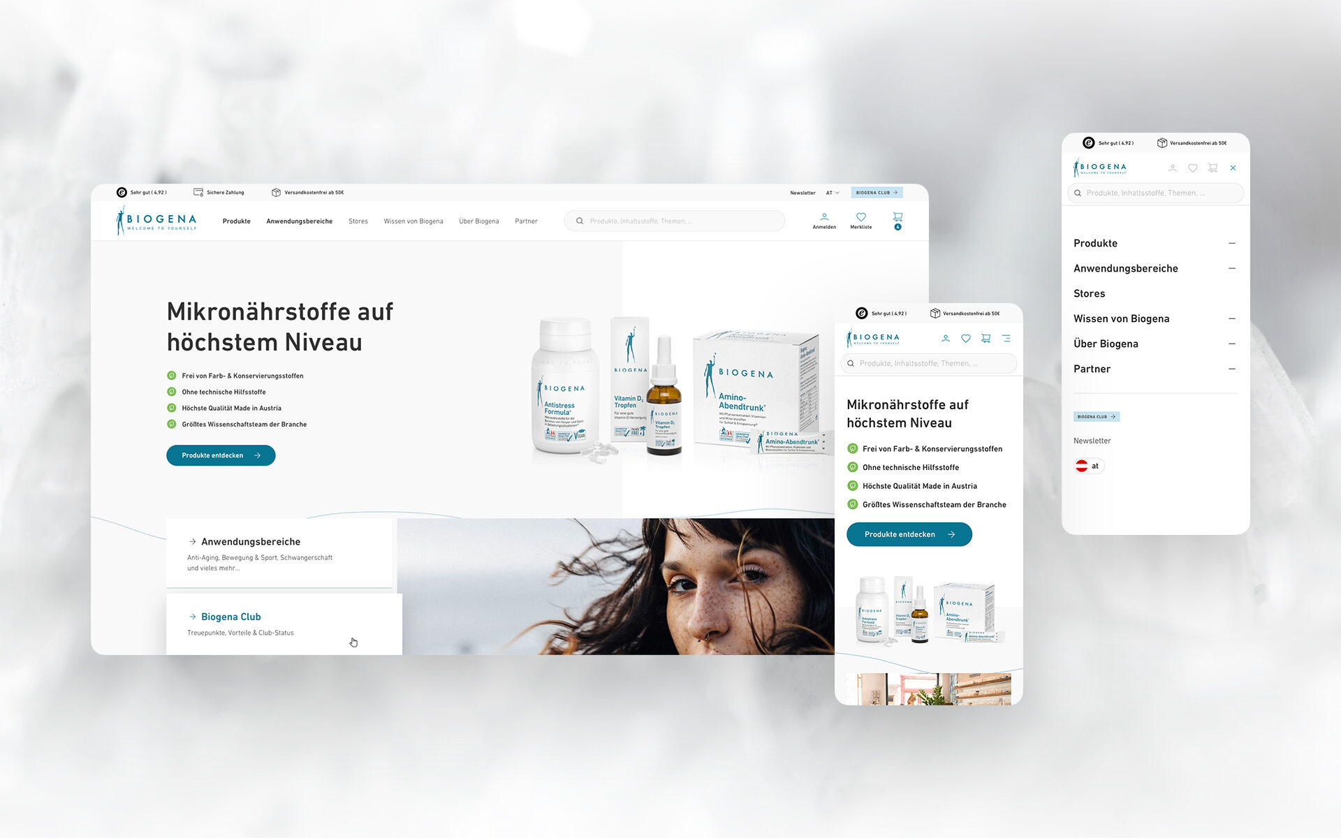 Desktop-Screenshot und 2 Handy-Sceenshots der Biogena-Website